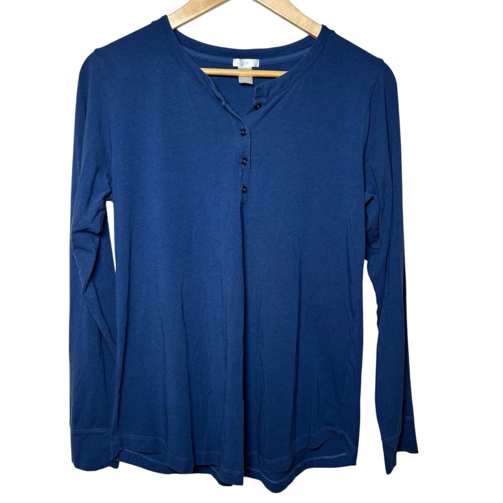LAKE Pajama Top Blue Womens Large Long Sleeve Lounge Pima Cotton Minimalist Lux